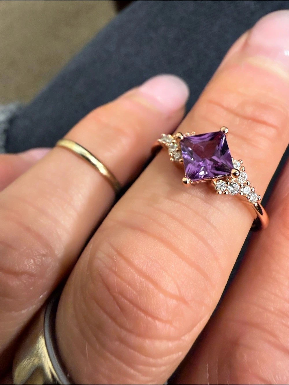 925 Sterling Silver Rose Gold Colored Amethyst Gemstone Ring Sz 9